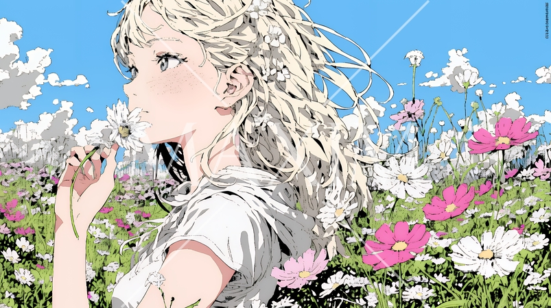 コスモス畑にいる若い女性