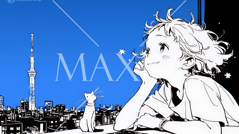 ベランダで夜風に当たりながら都会のランドスケープを眺め休む若い女性（シンプルな色使い）