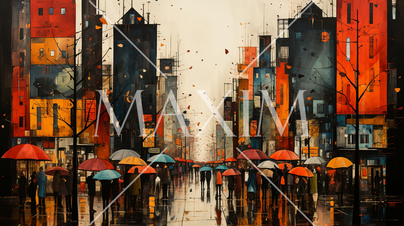 雨上りの街角をキュービズムな表現で描写