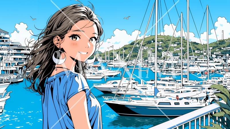 沖縄のヨットハーバーに立つ若い女性