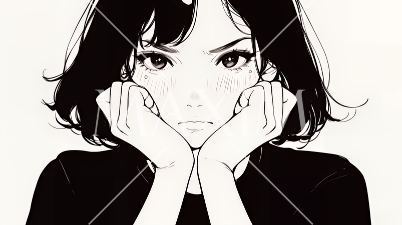 嫉妬の表情を浮かべる若い女性（シンプルな色使い）