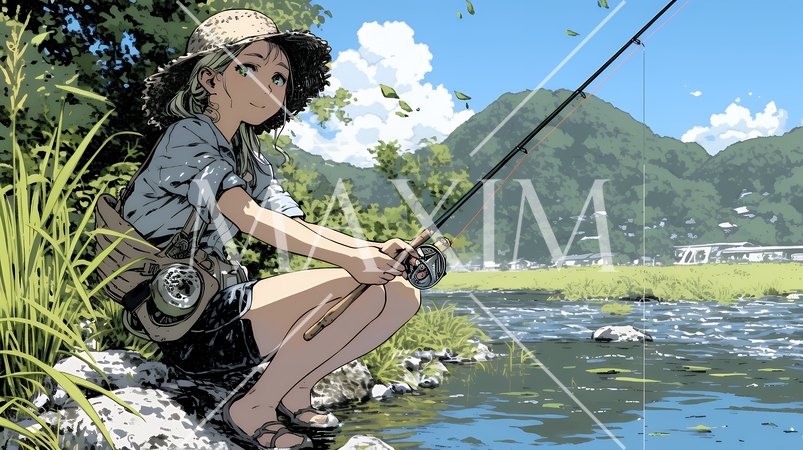 岸から魚釣りを楽しむ若い女性｜渓流・自然・アウトドア・ライフスタイル