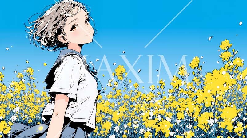 春風の中、菜の花畑にいる制服姿の女子高生