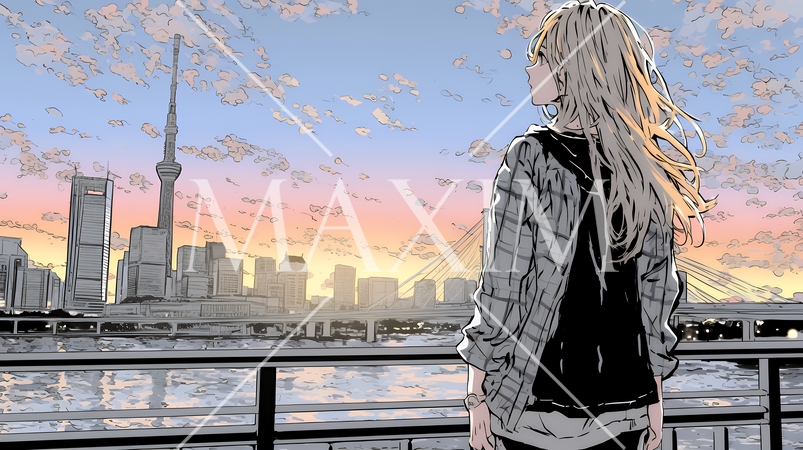 大都会の日没（日の出）とランドスケープを眺めている若い女性