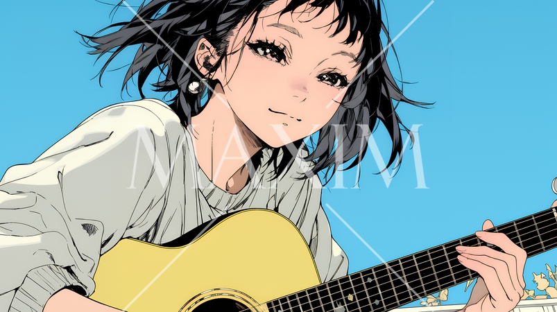 ギターを弾いている若い女性