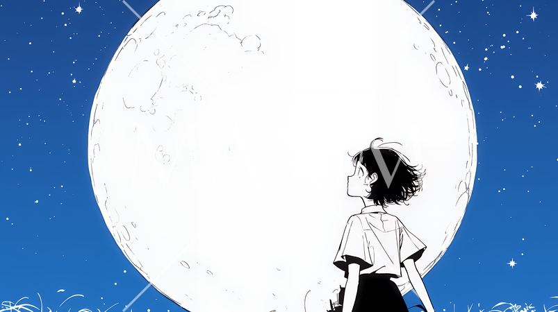 月見をしている若い女性（シンプルな色使い）