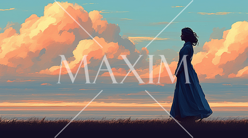 夏の夕暮れ：丘の上に立つ女性と夕焼けに映える入道雲