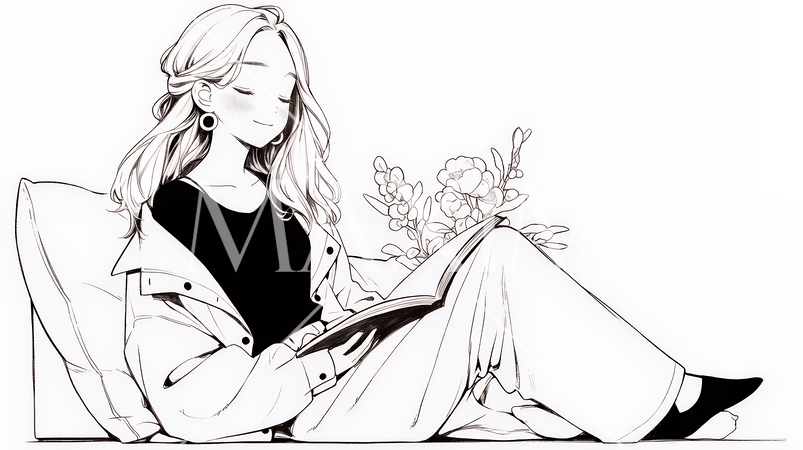 資料（本）を読みながら、うとうと眠ってしまう若い女性（シンプルな色使い）