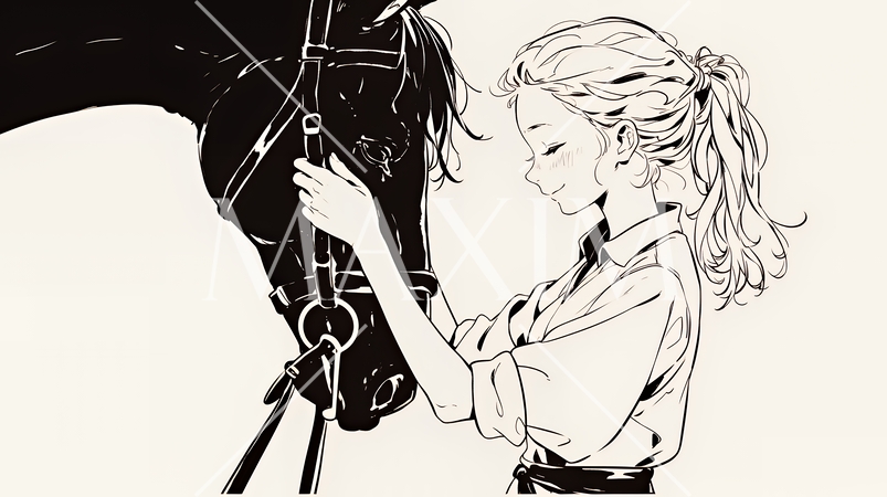 馬の世話をしている若い女性（シンプルな色使い）