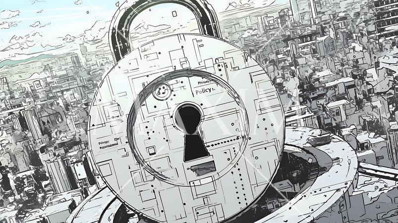 プライバシー・ポリシーやセキュリティー・ポリシーを表す堅牢な門と門番のイメージ