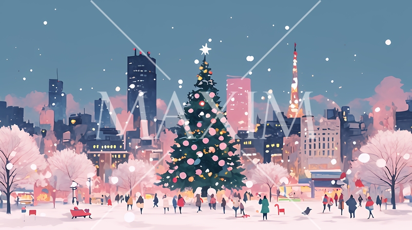 イルミネーションが彩るホワイトクリスマスの都会（ポップでキュートな表現）