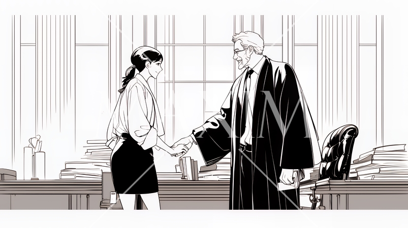 法衣を着た裁判官と握手をするビジネスウーマン（シンプルな色使い）