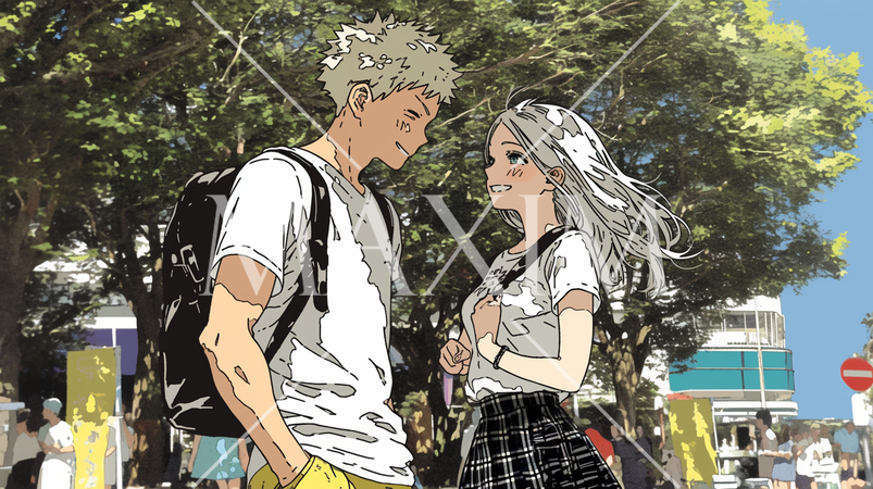 都会のおしゃれなショッピング街でデートしている若い二人