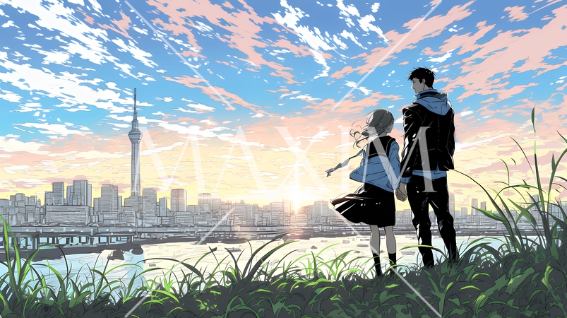 大きな希望を持って、街を眺めている若いカップル