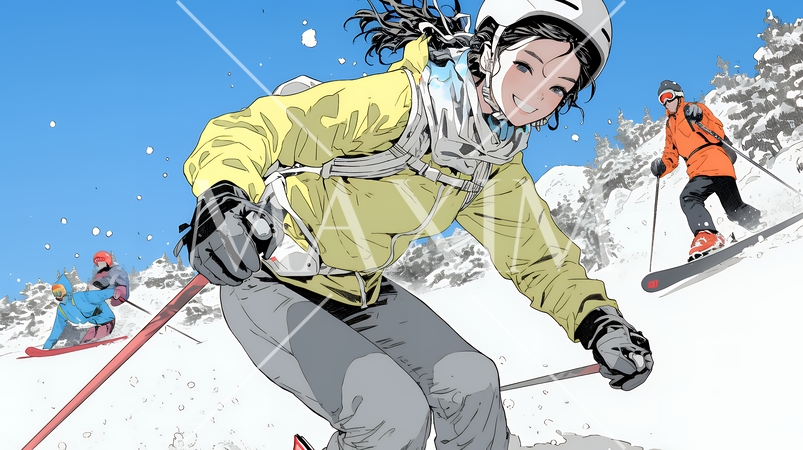 スキーを楽しんでいる若い女性