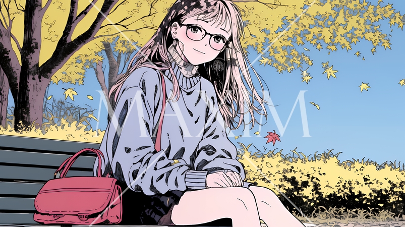 紅葉の秋の公園のベンチに座る若い女性