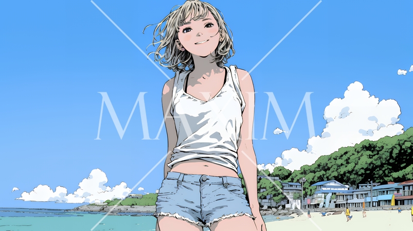 夏の南国の海辺を一人で旅行中の若い女性