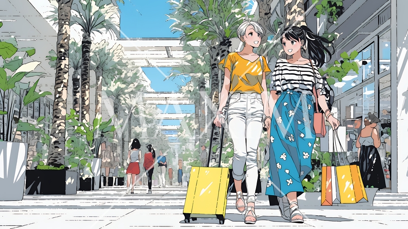 女友達と一緒にショッピングモールを歩き回る若い女性