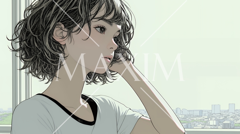 白い壁に向かって考え事をする若い女性