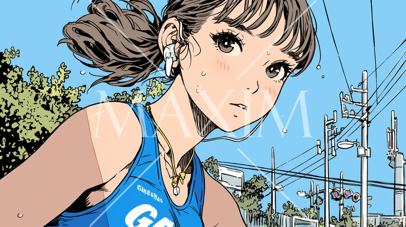 夏の青空の下、全力で走る若い女性