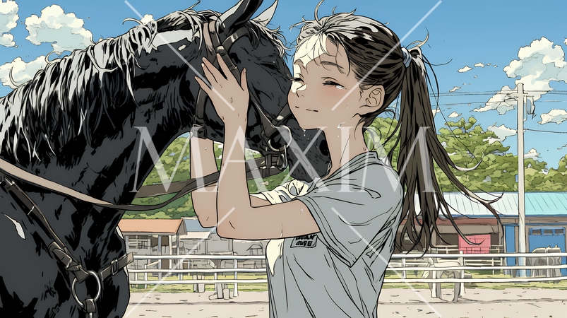 馬の世話をしている若い女性