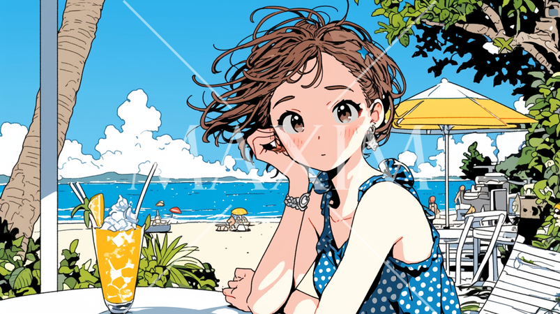 海辺の喫茶レストランで飲み物を飲んでいる若い女性