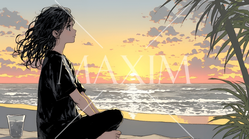 のんびり・ゆったり：夏のビーチで夕日を眺める若い女性