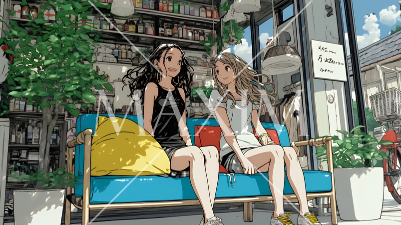 ビーチリゾートのショップで女友達と買物をしている若い女性