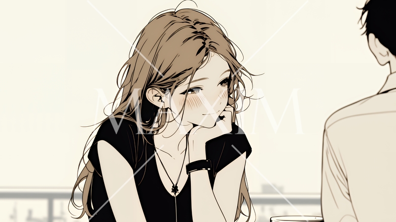 会議で発表している男性に魅了され、新しい恋の予感を抱いた若い女性（シンプルな色使い）