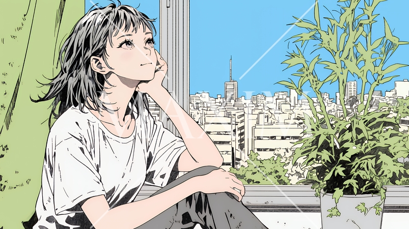 朝、カーテンを開けて天気を確認する若い女性