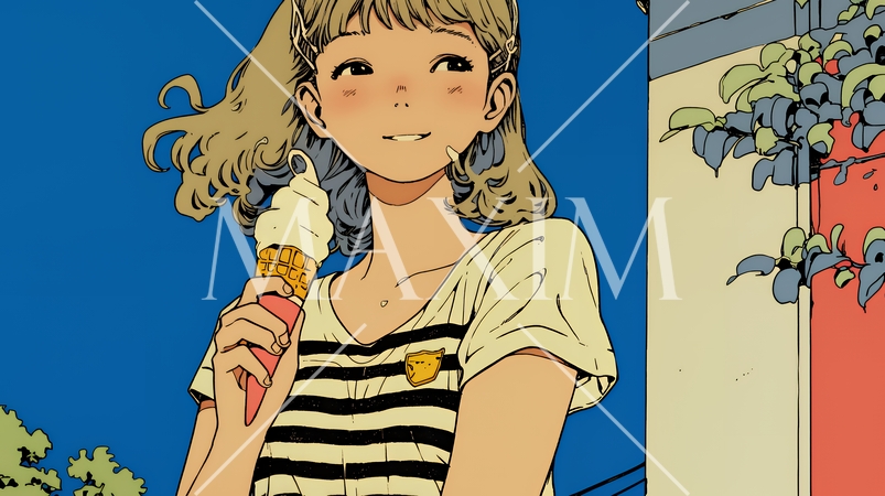 夏空の下でソフトクリーム（コーンに乗ったアイスクリーム）をたべる若い女性