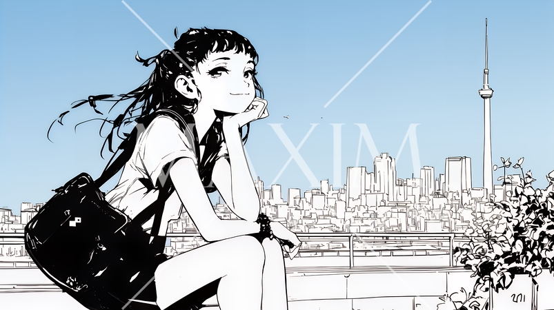 若い女性が佇む都市の街角（シンプルな色使い）