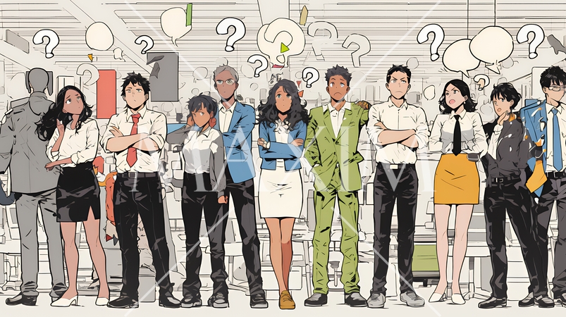 数人のビジネスパーソンが腕組みをして疑問を抱いた顔をしている