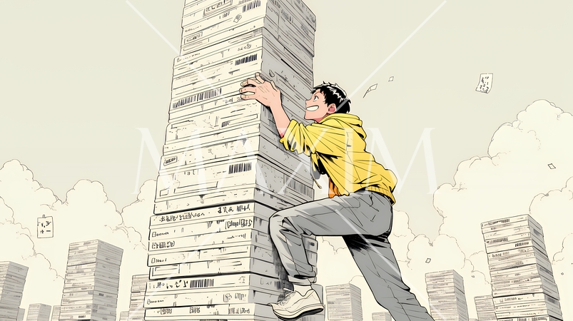 コンクリートブロックを積み上げているビジネスマン：計画の段階的積み重ねの比喩