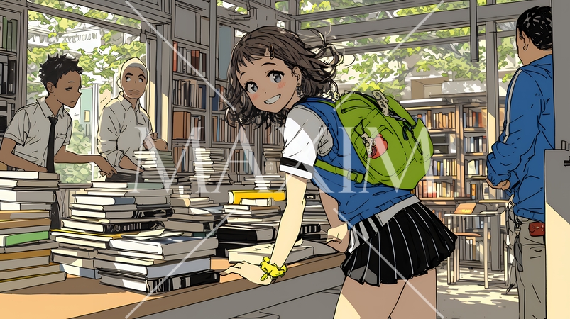 書店で本を選ぶ女子高生