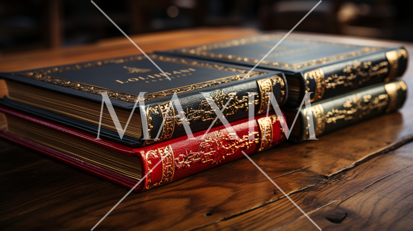 机の上にある革装丁の本