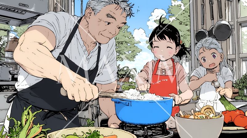 おじいさんが孫と一緒に料理を楽しそうに作っている