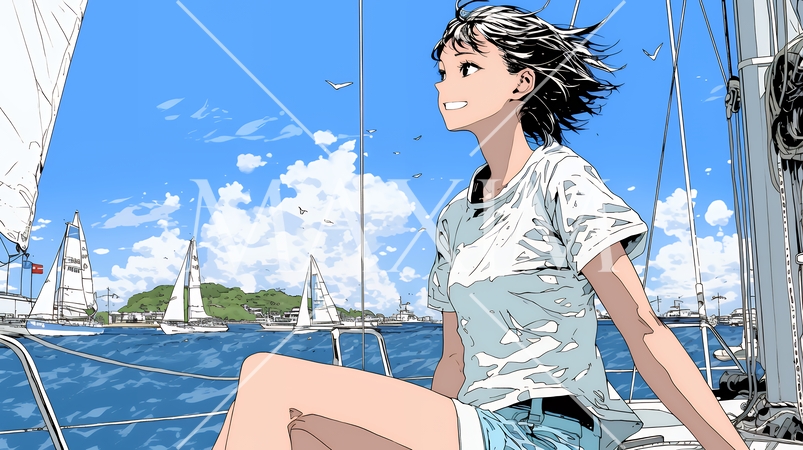 ヨットに乗っている若い女性