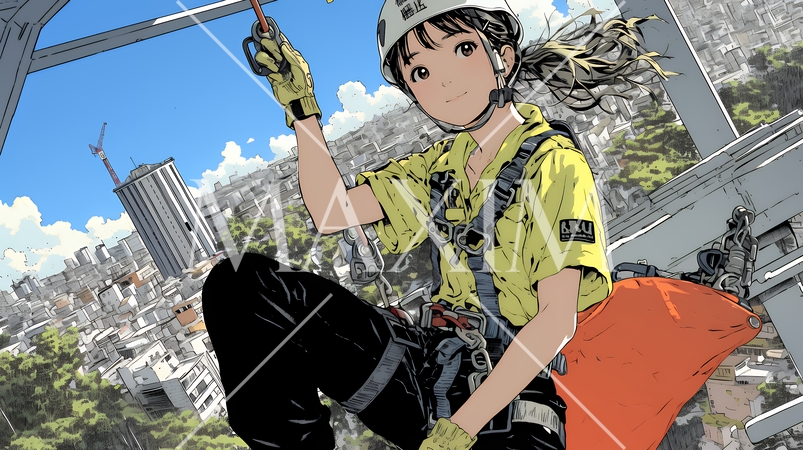 高所で作業をしている女性作業員