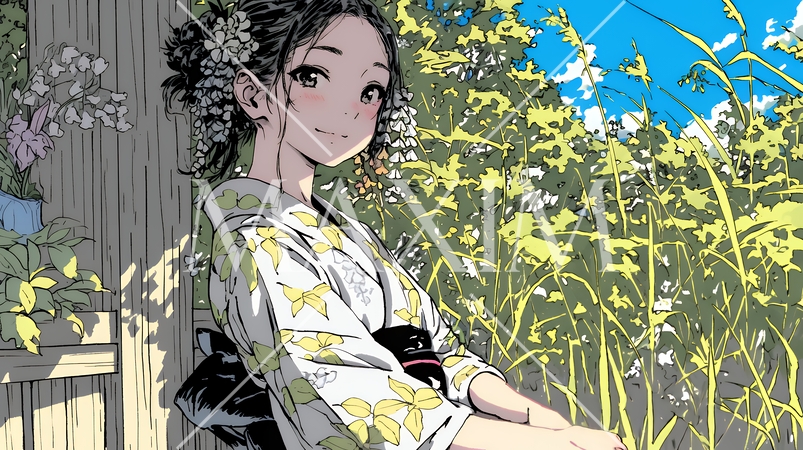 浴衣姿で夕涼みをしている若い女性