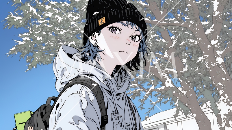 雪の積もる田舎道を歩いている若い女性