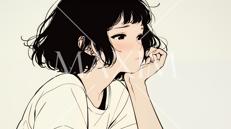 ため息をつく若い女性（シンプルな色使い）