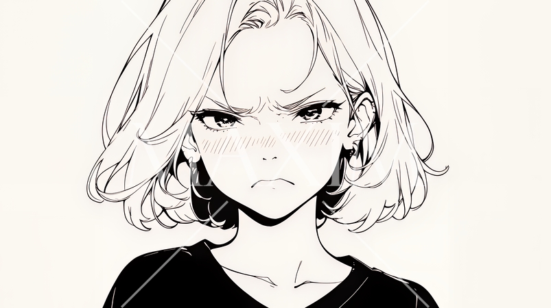 Noという表現を思いっきり顔に表しているる女性（シンプルな色使い）