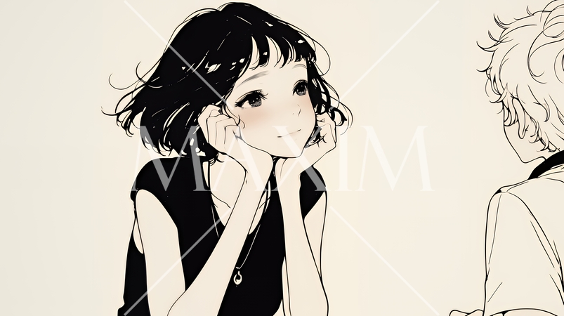 会議で発表している男性に魅了され、新しい恋の予感を抱いた若い女性（シンプルな色使い）