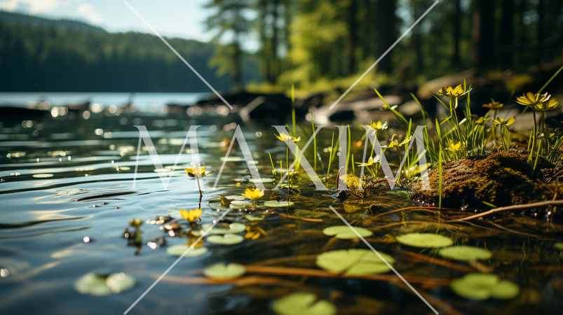 夏の森の湖の湖面から見た風景。水面には木々と空が映っている。水面の下には水草や岩についたコケも見える
