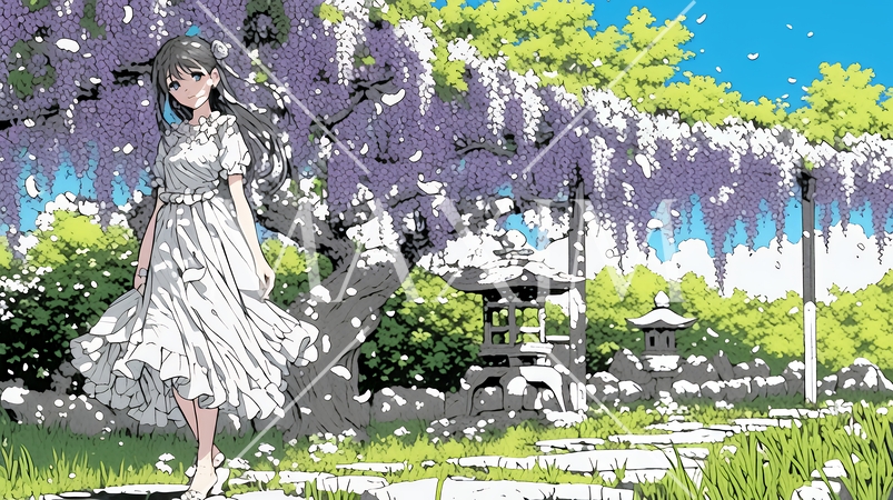 満開の藤の花の下を歩いている若い女性