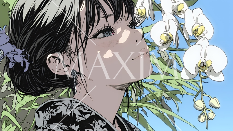 蘭の花と若い女性