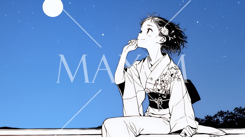 月見をしている和服姿の若い女性（シンプルな色使い）