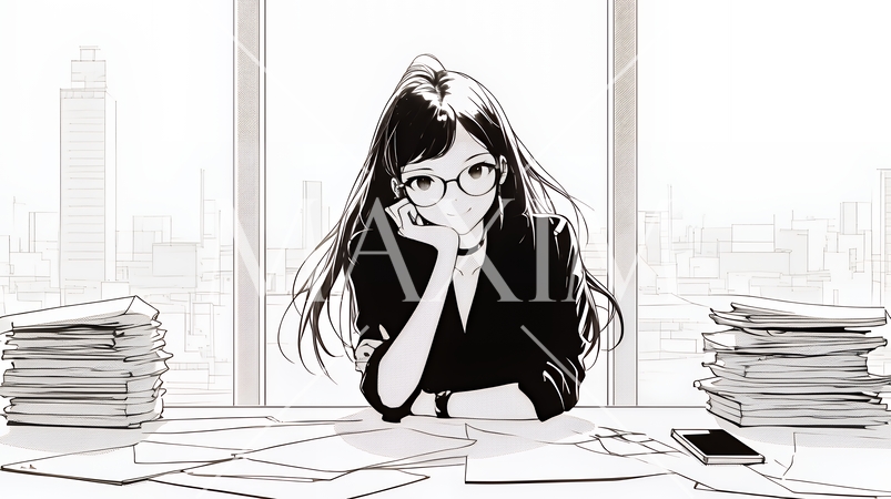 真剣な眼差しで企画を練っている女性（シンプルな色使い）