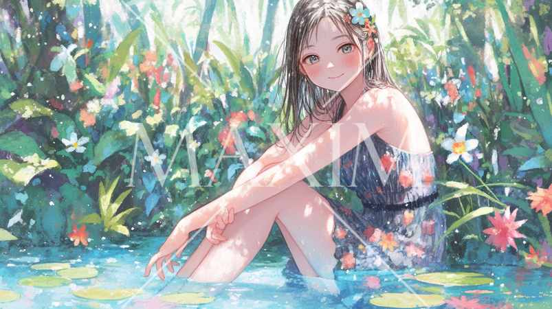 蓮池で水遊びをする女の子